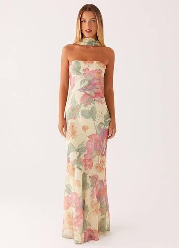 Women's Floral Tube Maxi Dress with Scarf - Y2k Strapless Bodycon Long Dress, Mesh Formal Cocktail Sundress Floral M in Saudi Arabia
