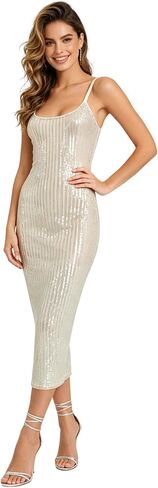 Women's Sexy Sequins Midi Dress Sexy Spaghetti Strap Long Dresses Bodycon Clubwear in Kuwait