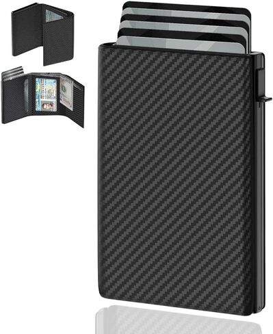 Mens Wallet Card Holder • RFID Blocking, Magnetic Flip , Pop-Up Aluminum Case, Front Pocket, Microfiber | 8-10 Cards | ID Window-Cash Slot | Black, Minimalist, Gift Box Billetera/Cartera para Hombre in Saudi Arabia