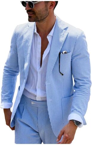 Men Seersucker Suit Blue Striped Leisure Blazer Pant Groom Tuxedo Prom Business Wedding Wear Beach Casul Suit in Saudi Arabia