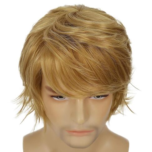Mens Blonde Wig Short Layered Natural Fluffy Wig Synthetic Heat Resistant Halloween Cosplay Hair Wig in Saudi Arabia