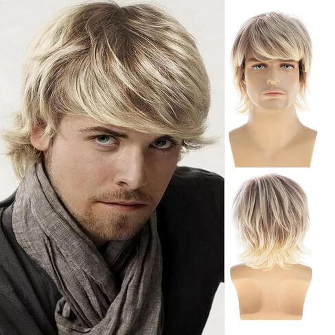 Mens Blonde Wig Short Layered Natural Fluffy Wig Synthetic Heat Resistant Halloween Cosplay Hair Wig in Saudi Arabia