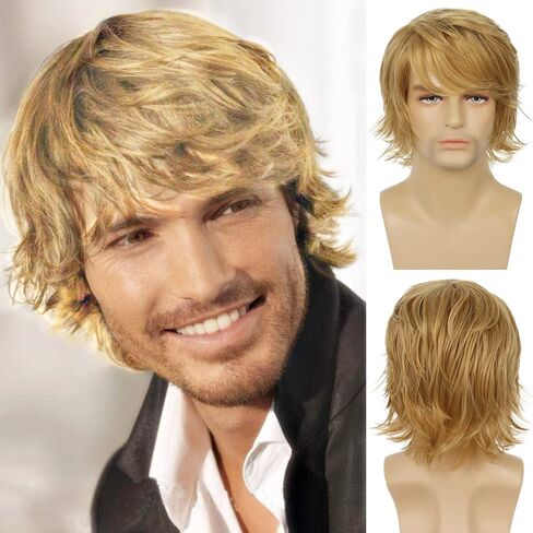 Mens Blonde Wig Short Layered Natural Fluffy Wig Synthetic Heat Resistant Halloween Cosplay Hair Wig in Saudi Arabia