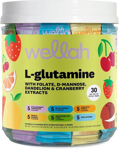 Wellah L-Glutamine for Women (Variety Pack) 30 Stick Packs - 5g L-Glutamine Per Serving, 6 Flavors, to-Go Packets in Kuwait