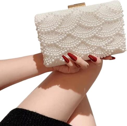 Women's Pearl Beaded Glitter Handbag Elegant Evening Wedding Party Bridal Clutch Purse (Wave) in Saudi Arabia