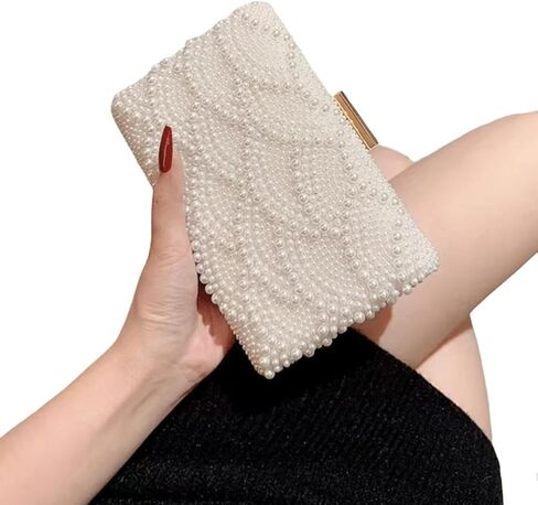 Women's Pearl Beaded Glitter Handbag Elegant Evening Wedding Party Bridal Clutch Purse (Wave) in Saudi Arabia