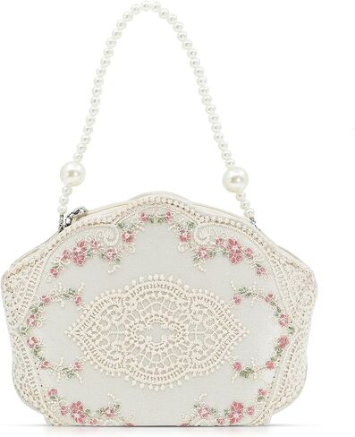 Clutch Purses for Women, Lace Embroidery Evening Bag, Pearl Handles, Handbags for Wedding, Prom, Parties, Travel(White) in Saudi Arabia