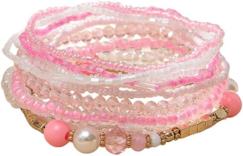 Bohemian Multilayer Stackable Seed Beaded Bracelets Colorful Crystal Glass Bead Strand Bangle Bracelet BFF Friendship Elastic Wristband Summer Boho Beach Hawaii Jewelry Birthday Gifts for Women in Saudi Arabia