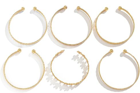PLOUTOS Stackable Bangle Bracelet Set For Women, Gold And Silver Tone, Mixed Textures, Open Cuff And Elastic Beaded Bracelets, Layered Fashion Jewelry in Saudi Arabia