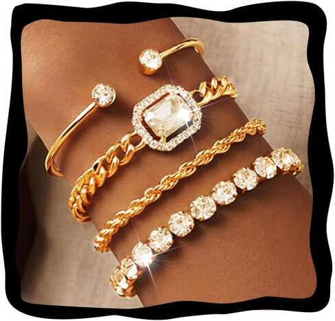 GORTIN Gold Bracelets for Women Gold Plated Bracelets Stack Trend Rhinestones Bangle Cuban Link Bracelets Jewelry for Women in Kuwait