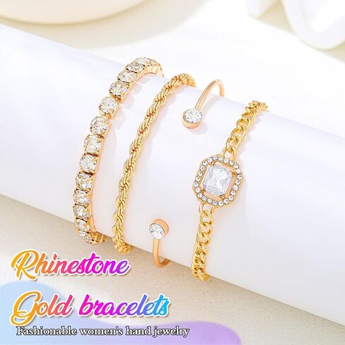 GORTIN Gold Bracelets for Women Gold Plated Bracelets Stack Trend Rhinestones Bangle Cuban Link Bracelets Jewelry for Women in Kuwait