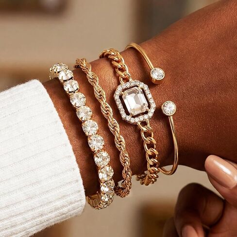 GORTIN Gold Bracelets for Women Gold Plated Bracelets Stack Trend Rhinestones Bangle Cuban Link Bracelets Jewelry for Women in Kuwait