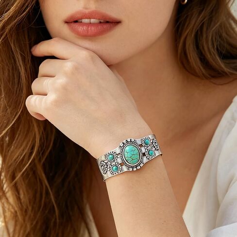1Pc Turquoise Cuff Bracelet, Boho Silver Bangle for Women, Vintage Western Statement Jewelry, Adjustable Open Cuff Gift, Teal in Kuwait