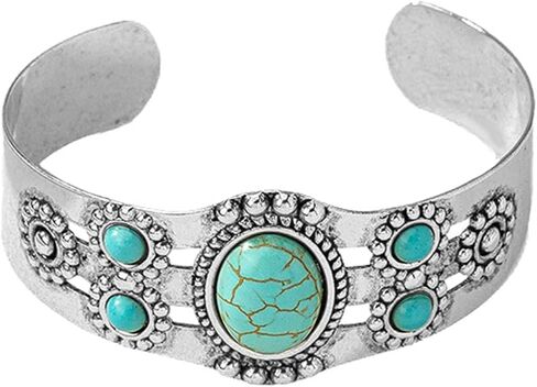 1Pc Turquoise Cuff Bracelet, Boho Silver Bangle for Women, Vintage Western Statement Jewelry, Adjustable Open Cuff Gift, Teal in Kuwait