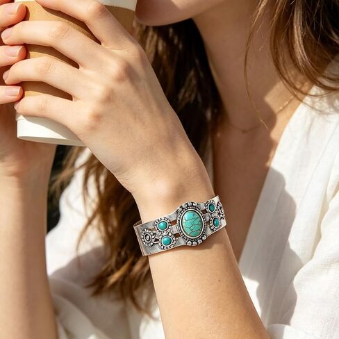 1Pc Turquoise Cuff Bracelet, Boho Silver Bangle for Women, Vintage Western Statement Jewelry, Adjustable Open Cuff Gift, Teal in Kuwait