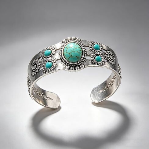 1Pc Turquoise Cuff Bracelet, Boho Silver Bangle for Women, Vintage Western Statement Jewelry, Adjustable Open Cuff Gift, Teal in Kuwait