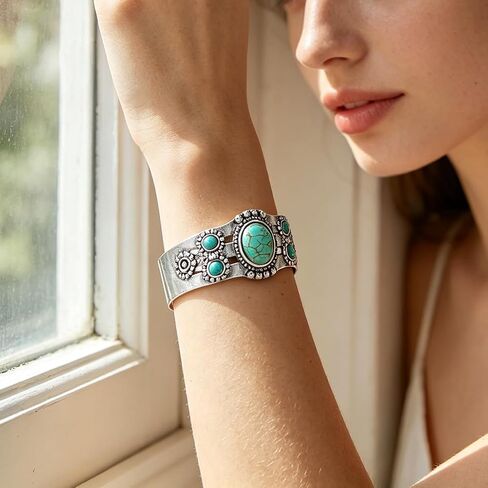 1Pc Turquoise Cuff Bracelet, Boho Silver Bangle for Women, Vintage Western Statement Jewelry, Adjustable Open Cuff Gift, Teal in Kuwait