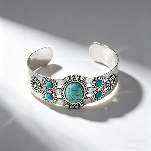 1Pc Turquoise Cuff Bracelet, Boho Silver Bangle for Women, Vintage Western Statement Jewelry, Adjustable Open Cuff Gift, Teal in Kuwait