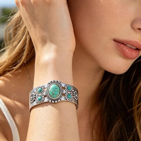 1Pc Turquoise Cuff Bracelet, Boho Silver Bangle for Women, Vintage Western Statement Jewelry, Adjustable Open Cuff Gift, Teal in Kuwait