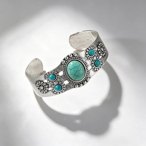 1Pc Turquoise Cuff Bracelet, Boho Silver Bangle for Women, Vintage Western Statement Jewelry, Adjustable Open Cuff Gift, Teal in Kuwait
