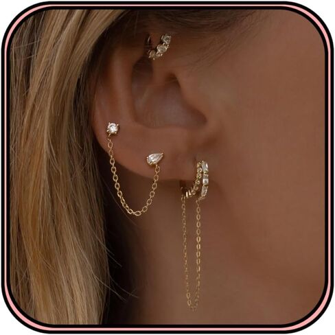 Gold Earring Stacks for Women Trendy,Dainty Chain Dangle Earrings for Women 14K Gold Plated Huggie Earrings Set Hypoallergenic Cartilage Hoops Threader Chain Earring Stack Cute Fashion Jewelry Set in Saudi Arabia