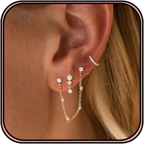 Gold Earring Stacks for Women Trendy,Dainty Chain Dangle Earrings for Women 14K Gold Plated Huggie Earrings Set Hypoallergenic Cartilage Hoops Threader Chain Earring Stack Cute Fashion Jewelry Set in Saudi Arabia