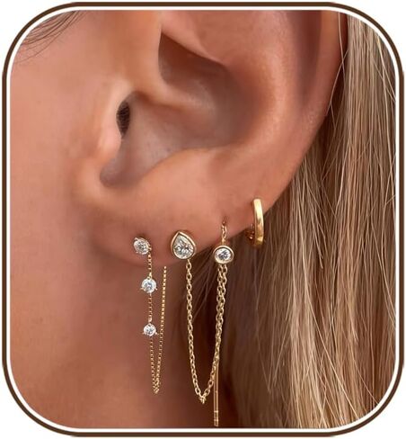 Gold Earring Stacks for Women Trendy,Dainty Chain Dangle Earrings for Women 14K Gold Plated Huggie Earrings Set Hypoallergenic Cartilage Hoops Threader Chain Earring Stack Cute Fashion Jewelry Set in Saudi Arabia