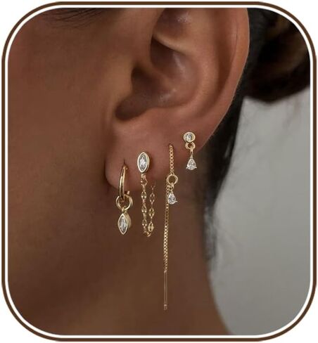 Gold Earring Stacks for Women Trendy,Dainty Chain Dangle Earrings for Women 14K Gold Plated Huggie Earrings Set Hypoallergenic Cartilage Hoops Threader Chain Earring Stack Cute Fashion Jewelry Set in Saudi Arabia
