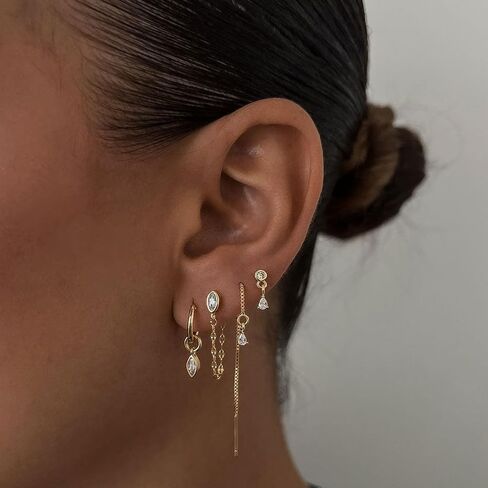 Gold Earring Stacks for Women Trendy,Dainty Chain Dangle Earrings for Women 14K Gold Plated Huggie Earrings Set Hypoallergenic Cartilage Hoops Threader Chain Earring Stack Cute Fashion Jewelry Set in Saudi Arabia