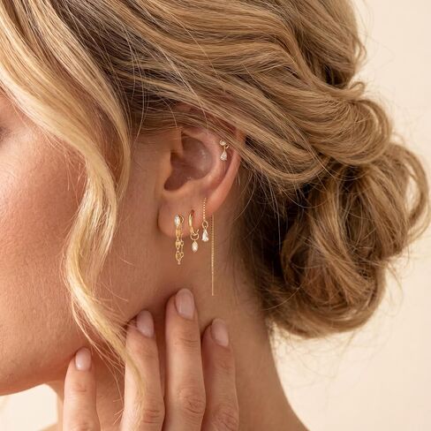 Gold Earring Stacks for Women Trendy,Dainty Chain Dangle Earrings for Women 14K Gold Plated Huggie Earrings Set Hypoallergenic Cartilage Hoops Threader Chain Earring Stack Cute Fashion Jewelry Set in Saudi Arabia
