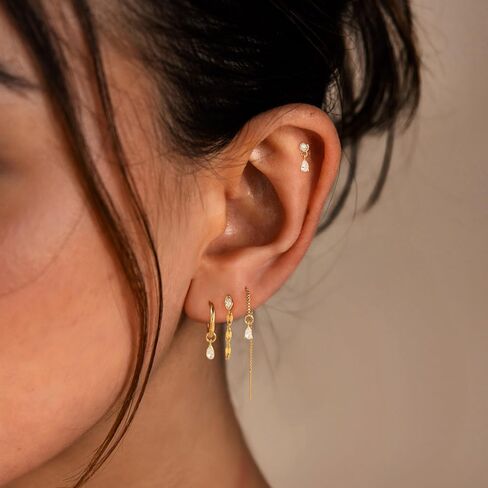 Gold Earring Stacks for Women Trendy,Dainty Chain Dangle Earrings for Women 14K Gold Plated Huggie Earrings Set Hypoallergenic Cartilage Hoops Threader Chain Earring Stack Cute Fashion Jewelry Set in Saudi Arabia
