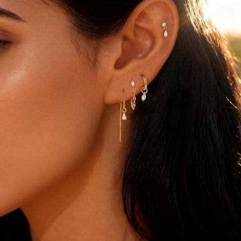 Gold Earring Stacks for Women Trendy,Dainty Chain Dangle Earrings for Women 14K Gold Plated Huggie Earrings Set Hypoallergenic Cartilage Hoops Threader Chain Earring Stack Cute Fashion Jewelry Set in Saudi Arabia
