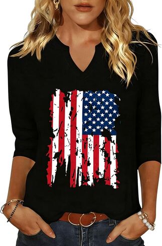 PUCKOLITY 3/4 Sleeve American Flag Patriotic V-Neck Shirt for Women 4th of July T-Shirt USA Flag Graphic Tee Tops in Saudi Arabia