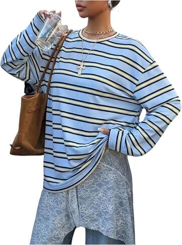 SHENHE Women's Striped Long Sleeve Shirt Y2k Oversized Crew Neck Drop Shoulder Tee Preppy Top in Saudi Arabia