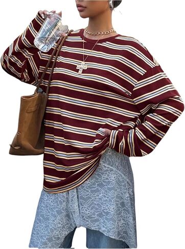 SHENHE Women's Striped Long Sleeve Shirt Y2k Oversized Crew Neck Drop Shoulder Tee Preppy Top in Saudi Arabia