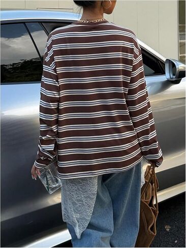 SHENHE Women's Striped Long Sleeve Shirt Y2k Oversized Crew Neck Drop Shoulder Tee Preppy Top in Saudi Arabia