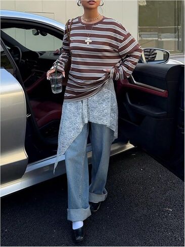 SHENHE Women's Striped Long Sleeve Shirt Y2k Oversized Crew Neck Drop Shoulder Tee Preppy Top in Saudi Arabia