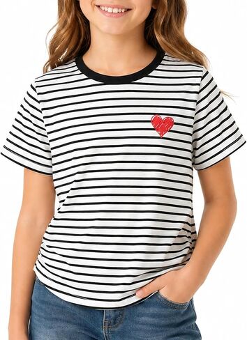 Girls Striped Shirts Side Ruched Heart Graphic Tees Summer Casual Short Sleeve Tops in Saudi Arabia