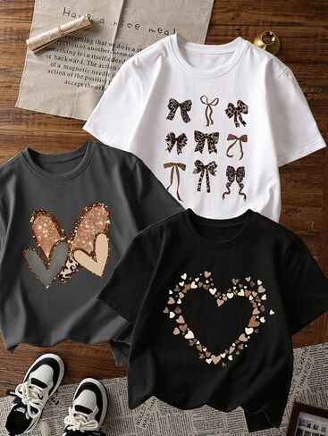 3-Pack Girls Short Sleeve Graphic Tees, Printed Crew Neck T-Shirts for Kids 8–14 in Kuwait