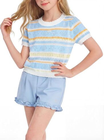Girls Striped Short Sleeve Shirt Seashell Print Knit Crochet Tops Summer T-Shirt for Teens 6-16Y in Saudi Arabia