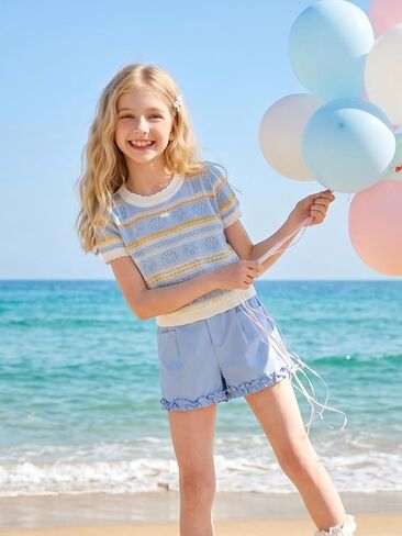 Girls Striped Short Sleeve Shirt Seashell Print Knit Crochet Tops Summer T-Shirt for Teens 6-16Y in Saudi Arabia