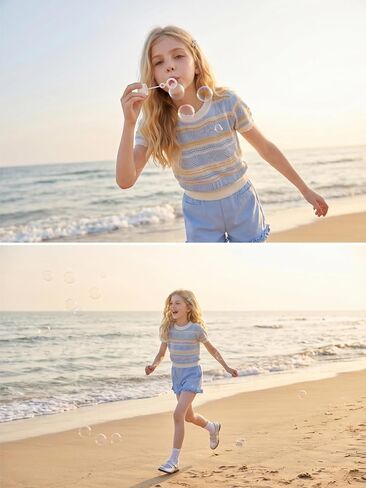Girls Striped Short Sleeve Shirt Seashell Print Knit Crochet Tops Summer T-Shirt for Teens 6-16Y in Saudi Arabia