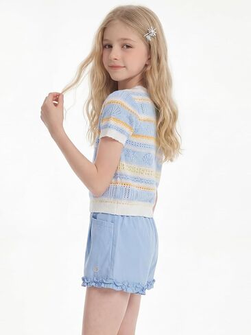 Girls Striped Short Sleeve Shirt Seashell Print Knit Crochet Tops Summer T-Shirt for Teens 6-16Y in Saudi Arabia