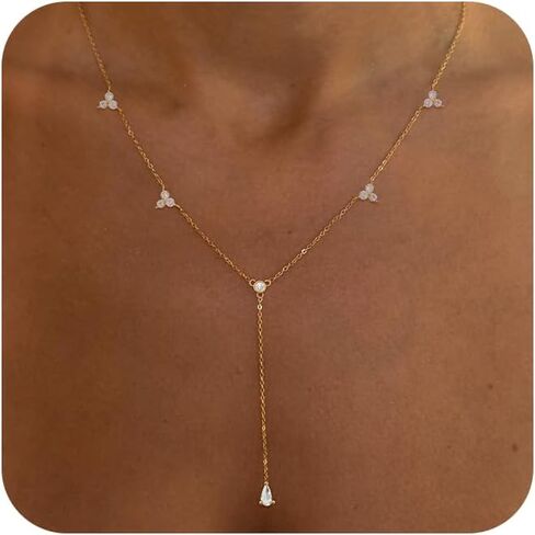 Long Gold Necklace For Women,Dainty Lariat Y Necklace 14K Gold Plated Cute Cubic Zirconia Lariat Necklaces Trendy Simple Statement Rhinestone Choker Necklaces Summer Jewelry in Saudi Arabia