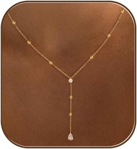 Long Gold Necklace For Women,Dainty Lariat Y Necklace 14K Gold Plated Cute Cubic Zirconia Lariat Necklaces Trendy Simple Statement Rhinestone Choker Necklaces Summer Jewelry in Saudi Arabia