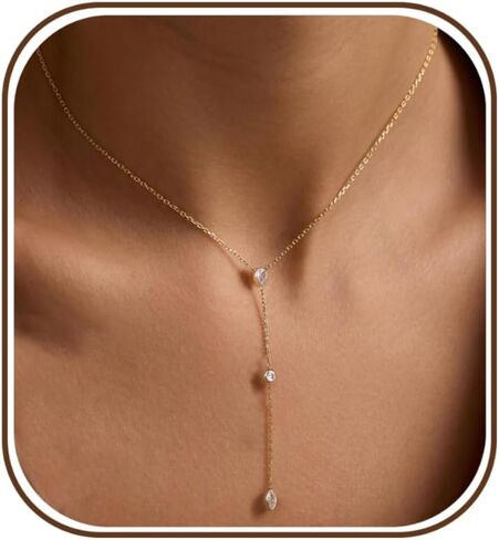 Long Gold Necklace For Women,Dainty Lariat Y Necklace 14K Gold Plated Cute Cubic Zirconia Lariat Necklaces Trendy Simple Statement Rhinestone Choker Necklaces Summer Jewelry in Saudi Arabia