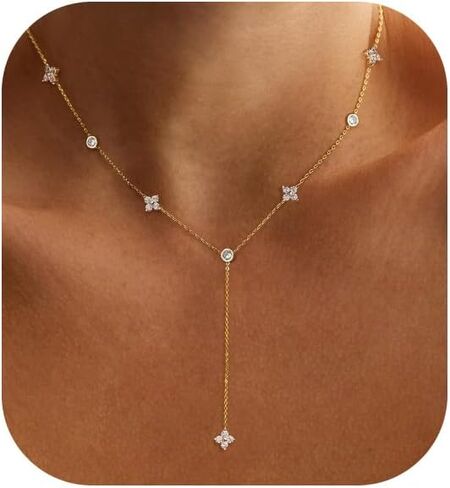 Long Gold Necklace For Women,Dainty Lariat Y Necklace 14K Gold Plated Cute Cubic Zirconia Lariat Necklaces Trendy Simple Statement Rhinestone Choker Necklaces Summer Jewelry in Saudi Arabia