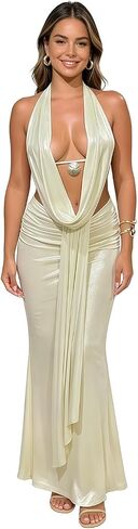 AMPOSSTO Women's Sheer Mesh 2 Piece Outfits Y2K Halter Backless Crop Top with Bodycon Maxi Skirt for Party Beach in Saudi Arabia