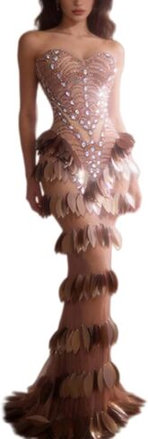 Women Leaf Rhinestone Sheer Mesh Mermaid Ball Gown Strapless Sweetheart Corset Formal Dresses in Saudi Arabia