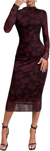 Women's Tie Dye Mesh Mock Neck Bodycon Midi Dress Long Sleeve Ruched Birthday Pencil Dresses in Kuwait